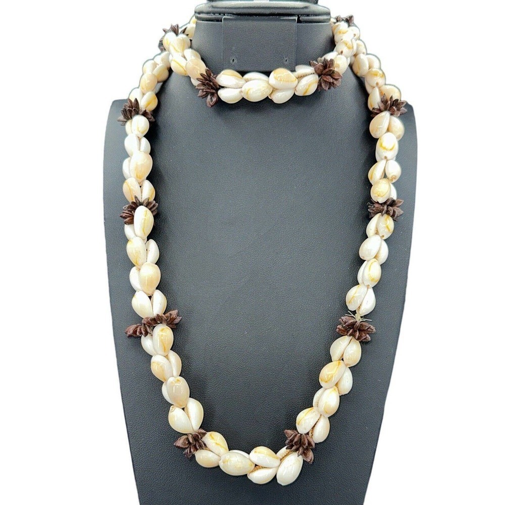 VTG Cowrie Momi Shell Koa Seed Lei Long Necklace